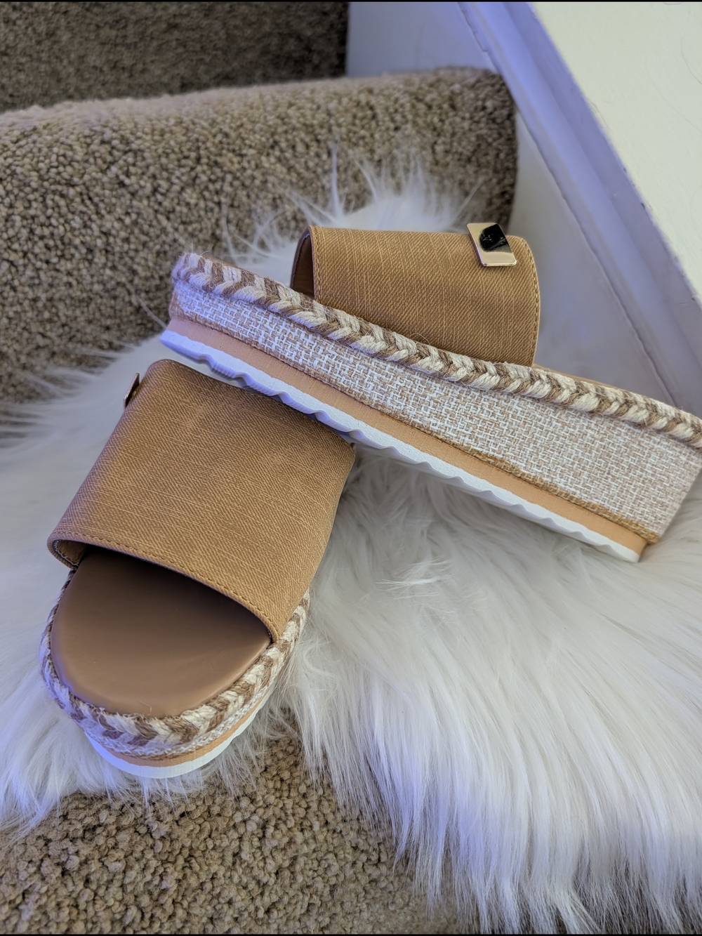Woven Platform Slide Sandals in Tan